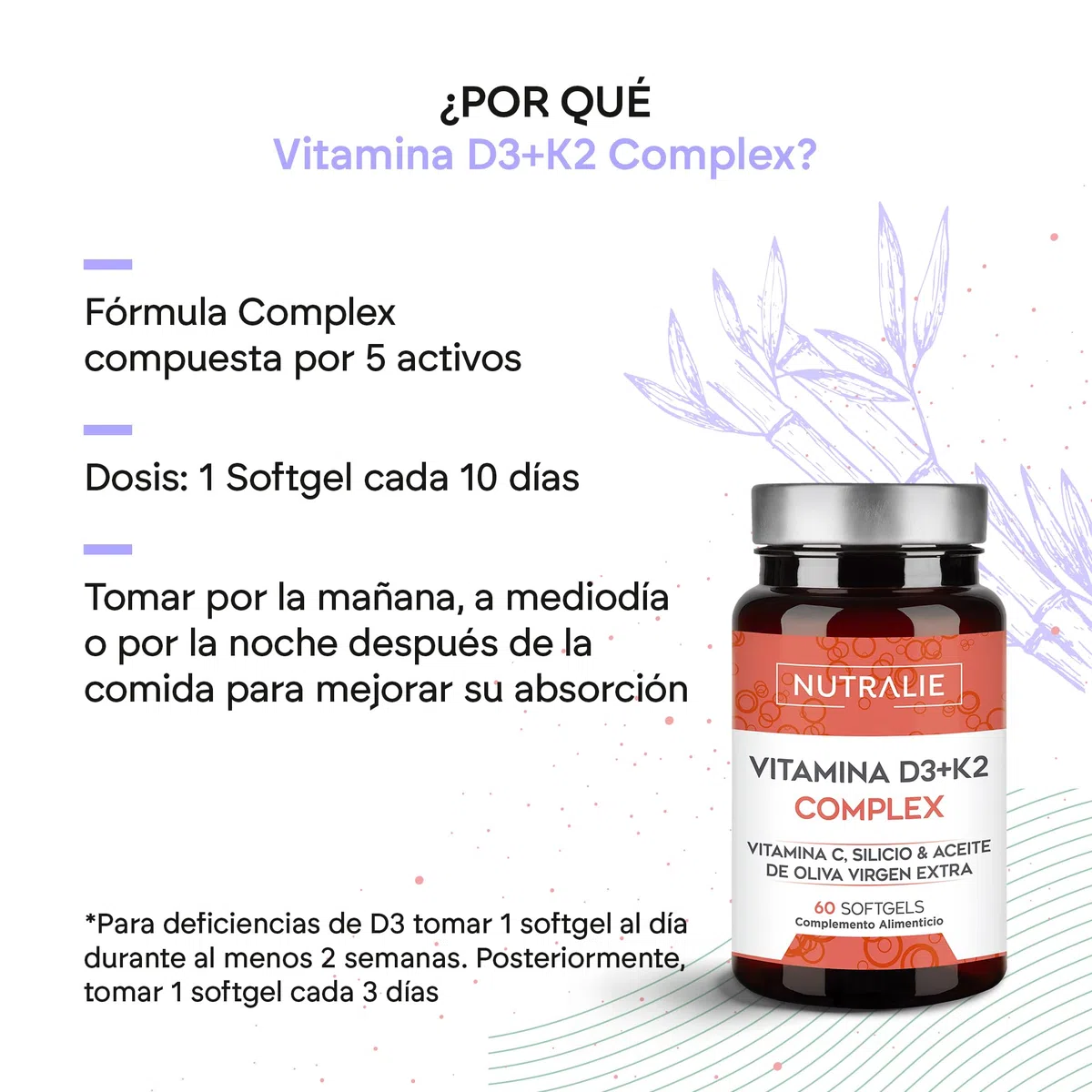 Vitamina D3 y K2 10000 UI - Vitamina D Alta Dosis | Sistema Inmunitario Huesos Músculos | D3 K2 MK7 Natural con Vitamina C y Aceite de Oliva Virgen Extra | 60 Softgel Nutralie