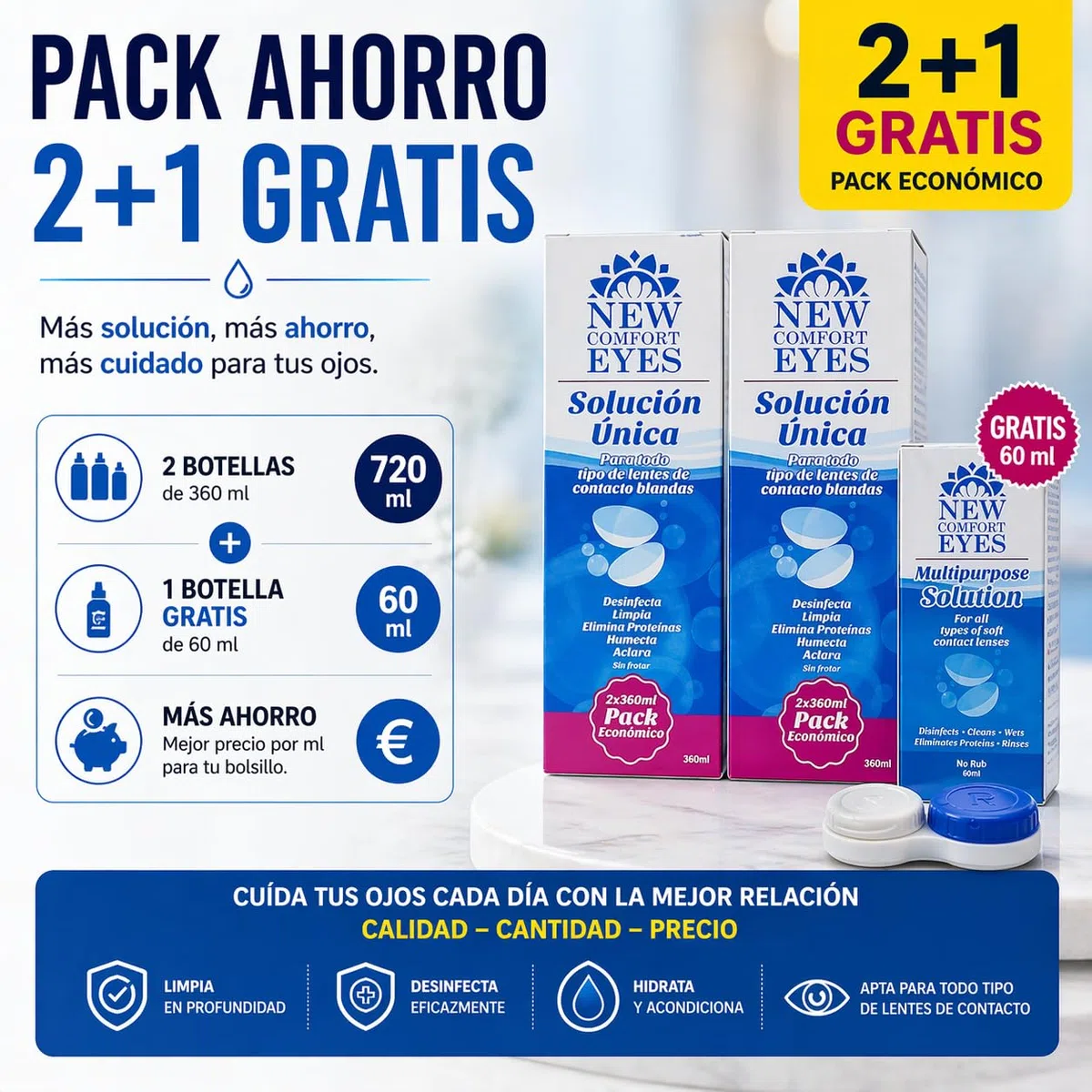 EYES Solución Única para Lentes de Contacto – Pack Ahorro 2+1 (2x360ml + 1x60ml) – Limpia, Desinfecta e Hidrata – Con Portalentillas – Para Todo Tipo de Lentes