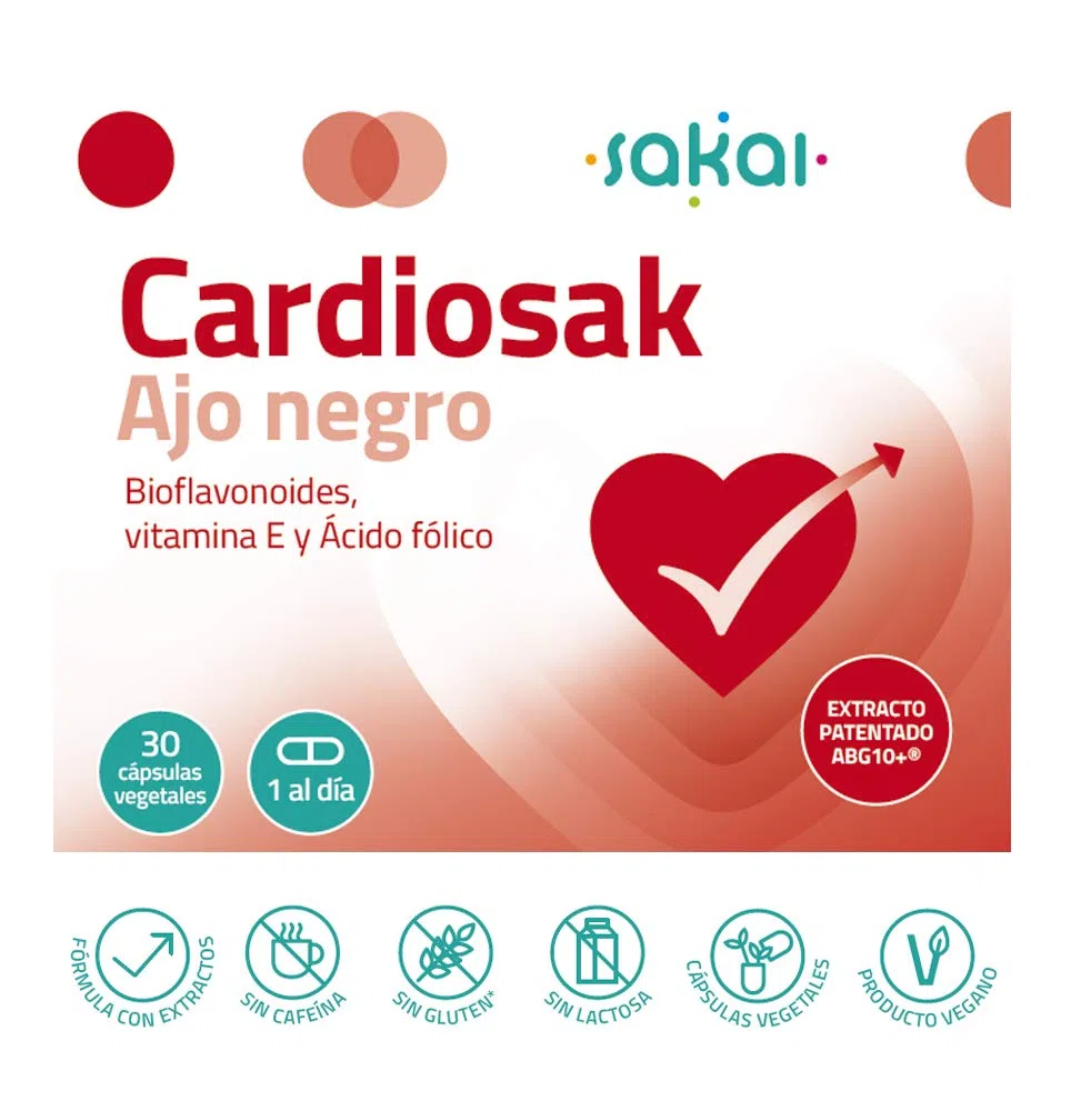 Sakai Cardiosak Ajo Negro | ABG10+ con Bioflavonoides, Vitamina E y Ácido Fólico | Apoyo Cardiovascular, Colesterol y Triglicéridos | Sin Olor ni Sabor