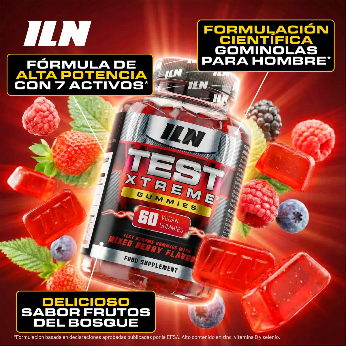 Test Xtreme Gominolas para hombre - fórmula alta potencia con maca, ginseng y zinc - sin azúcar, sabor frutos del bosque - 60 gominolas veganas