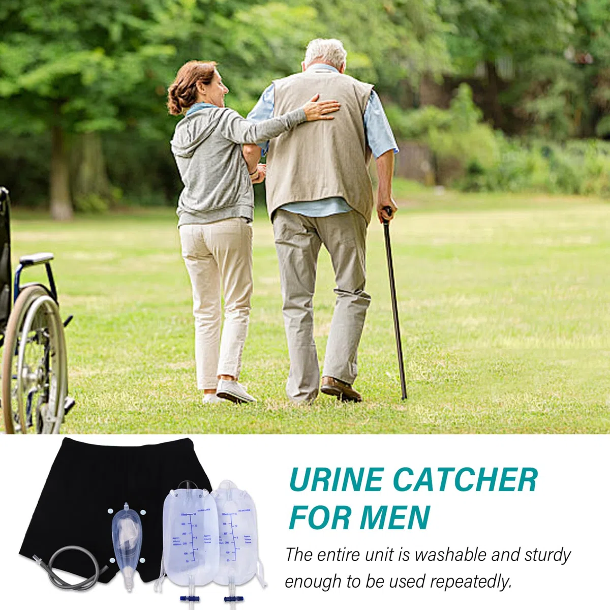 Conjunto de calzoncillos para incontinencia a prueba de fugas para hombres, orinal desmontable con bolsa para piernas y colector de silicona (L)