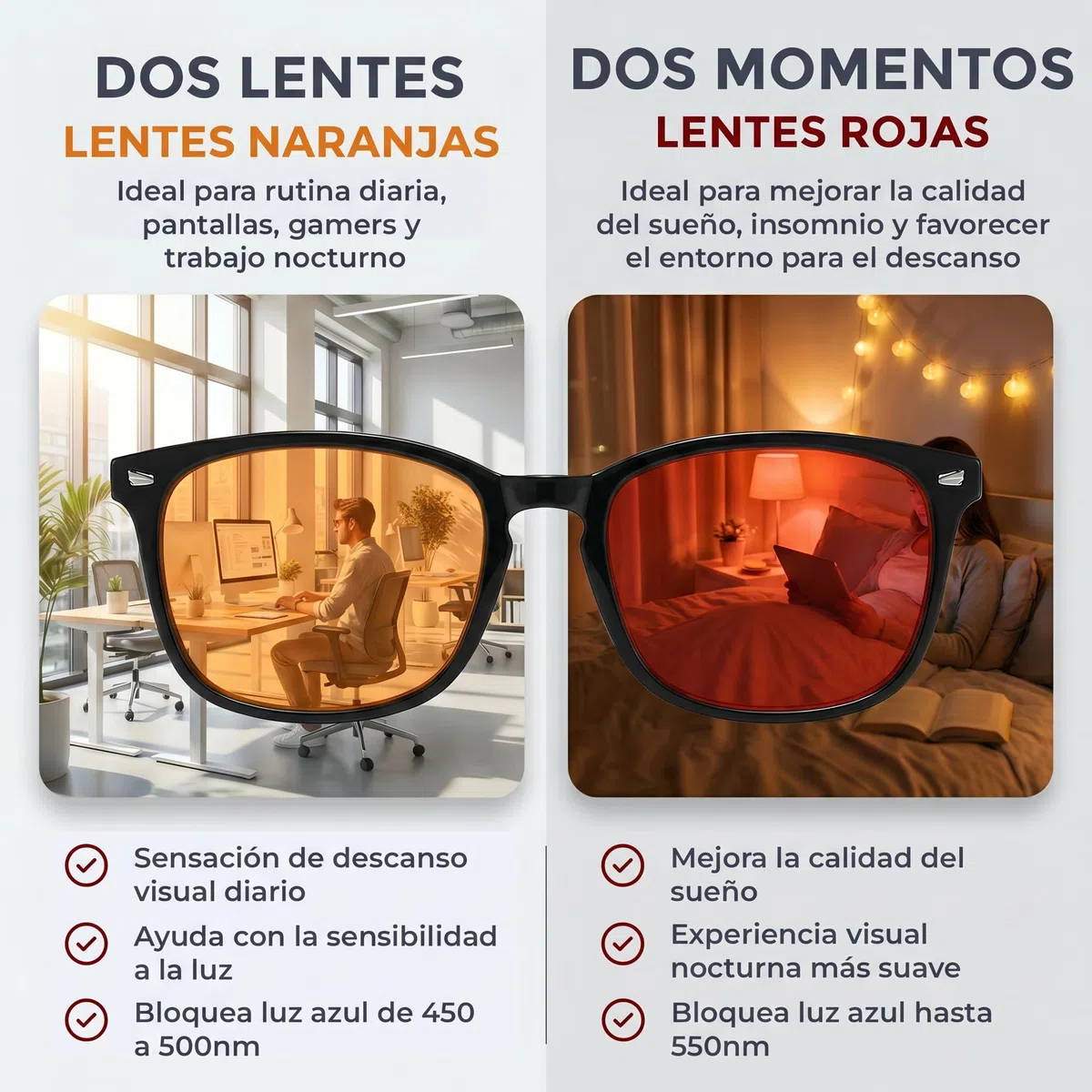 ️ Pack de 2 Gafas: Rojas Bloqueo Luz Azul y Amarillas – Filtro Luz Azul para Uso Diario y Nocturno, Diseño Elegante Hombre y Mujer, Incluye Paño de Limpieza