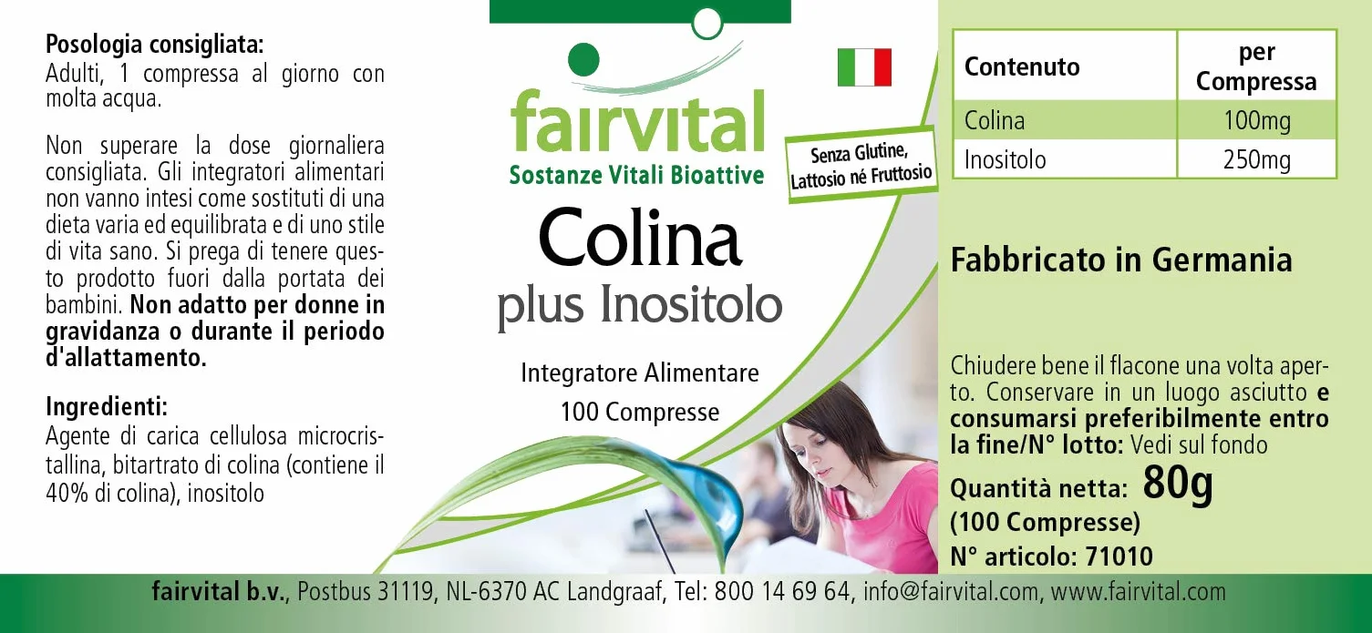 fairvital Bitartrato de colina más inositol, 100 comprimidos, ALTA DOSIS, VEGANO