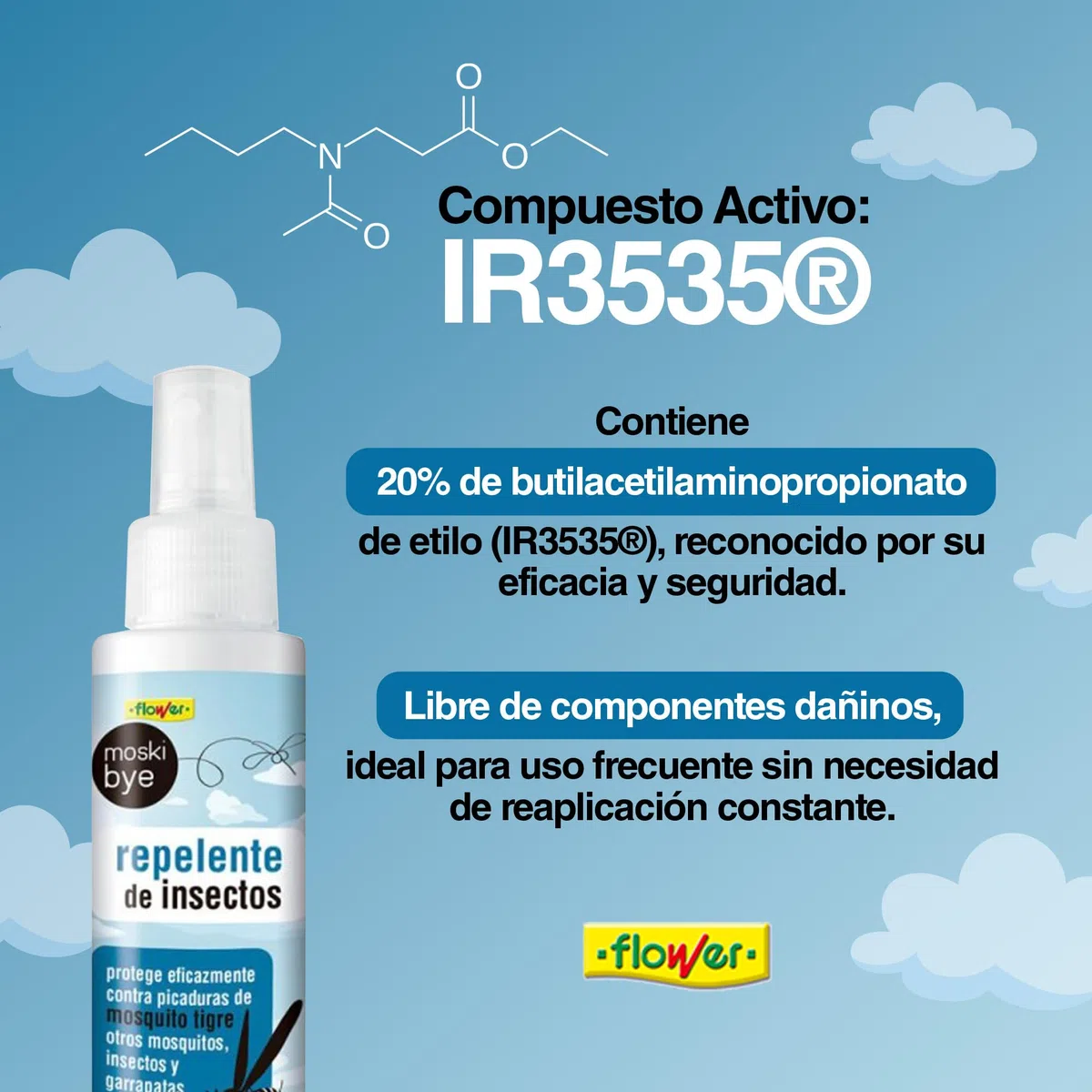 FLOWER x 3 Repelente Mosquitos Aerosol 100 ML | Spray Protector Insectos, Mosquito Tigre, Garrapatas | Protección 8 Horas Cuerpo y Cara | Fórmula Potente Sin Componentes Dañinos