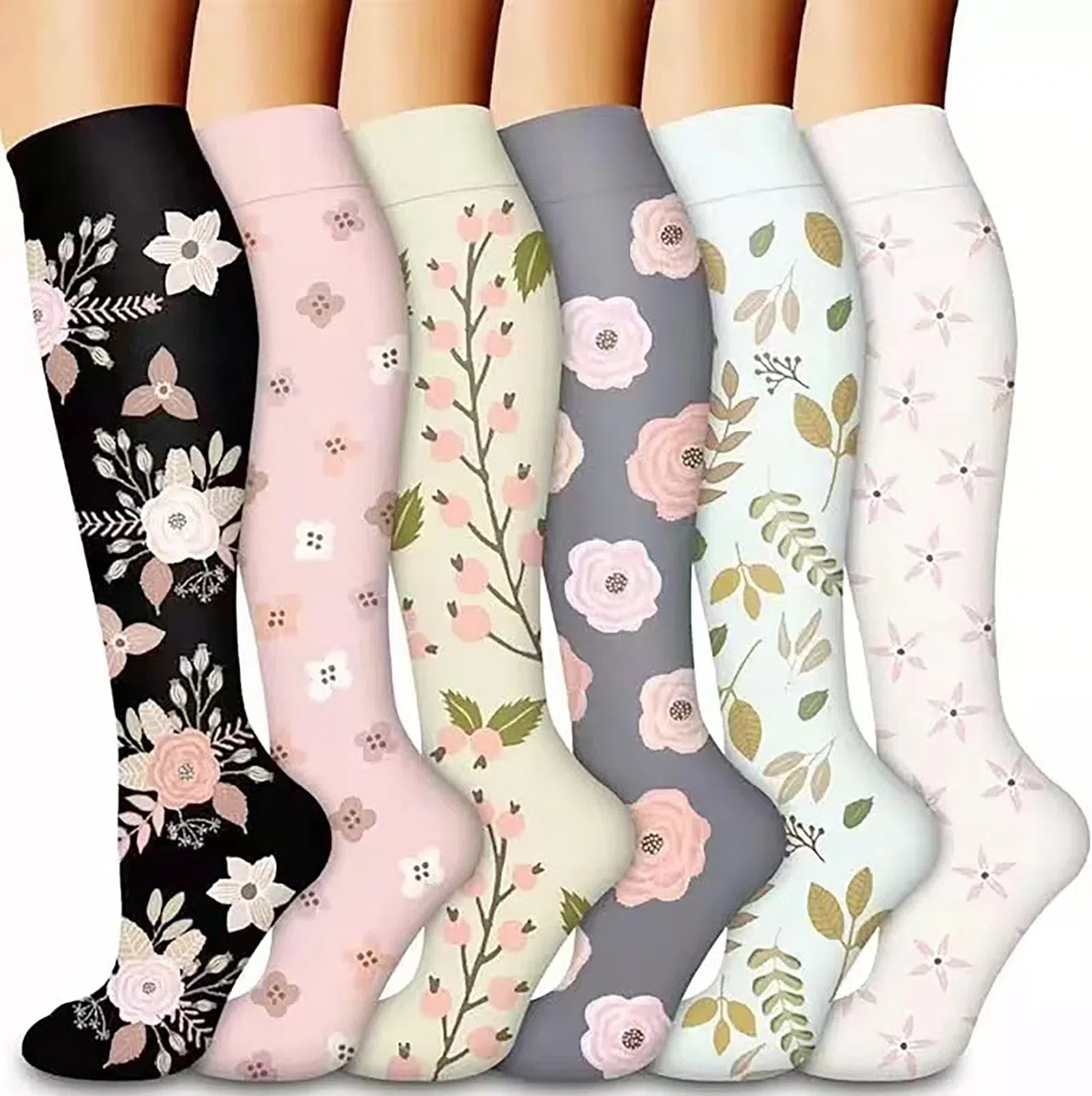 Calcetines de compresión talla S/M 6 pares de 6 estilos 20-30 mmHg, soporte de pantorrilla para mujeres de baloncesto, fútbol, yoga y deportes