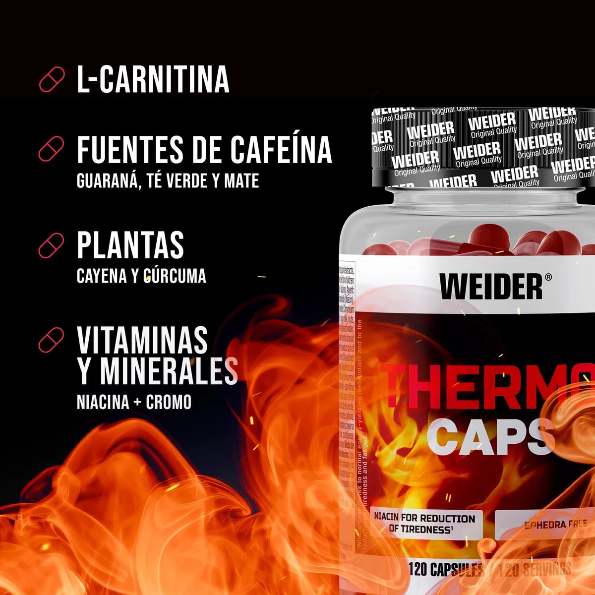 Weider Thermo Caps Disminuye el Apetito, Potente Fórmula Termogénica con Cafeína; Enriquecido con Cromo, Cúrcuma, L-Carnitina, 120 Capsulas