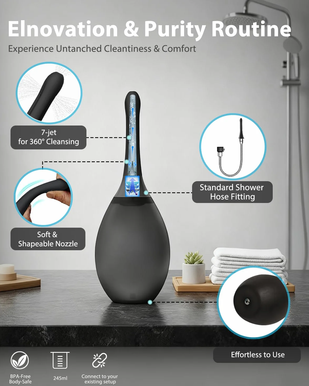 Enema Bulbo Anti-Reflujo de 245ml, Enemas Lavados Puede Conectarse al Tubo de la Ducha, Ducha Enema aliviar el estreñimiento para Limpieza de Colon en Hombres y Mujere (Negro)