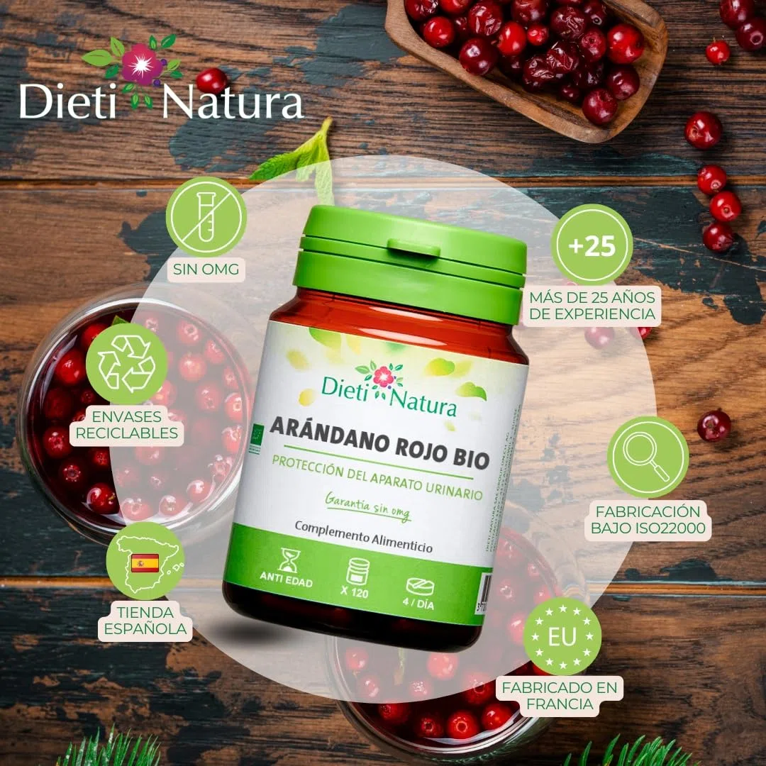 DIETI NATURA Arándano Rojo Bio 120 Cápsulas para Protección del Aparato Urinario - Prevención Natural de Infecciones - Complemento Ecológico con Antioxidantes - Estimula Función Renal - 100% Orgánico
