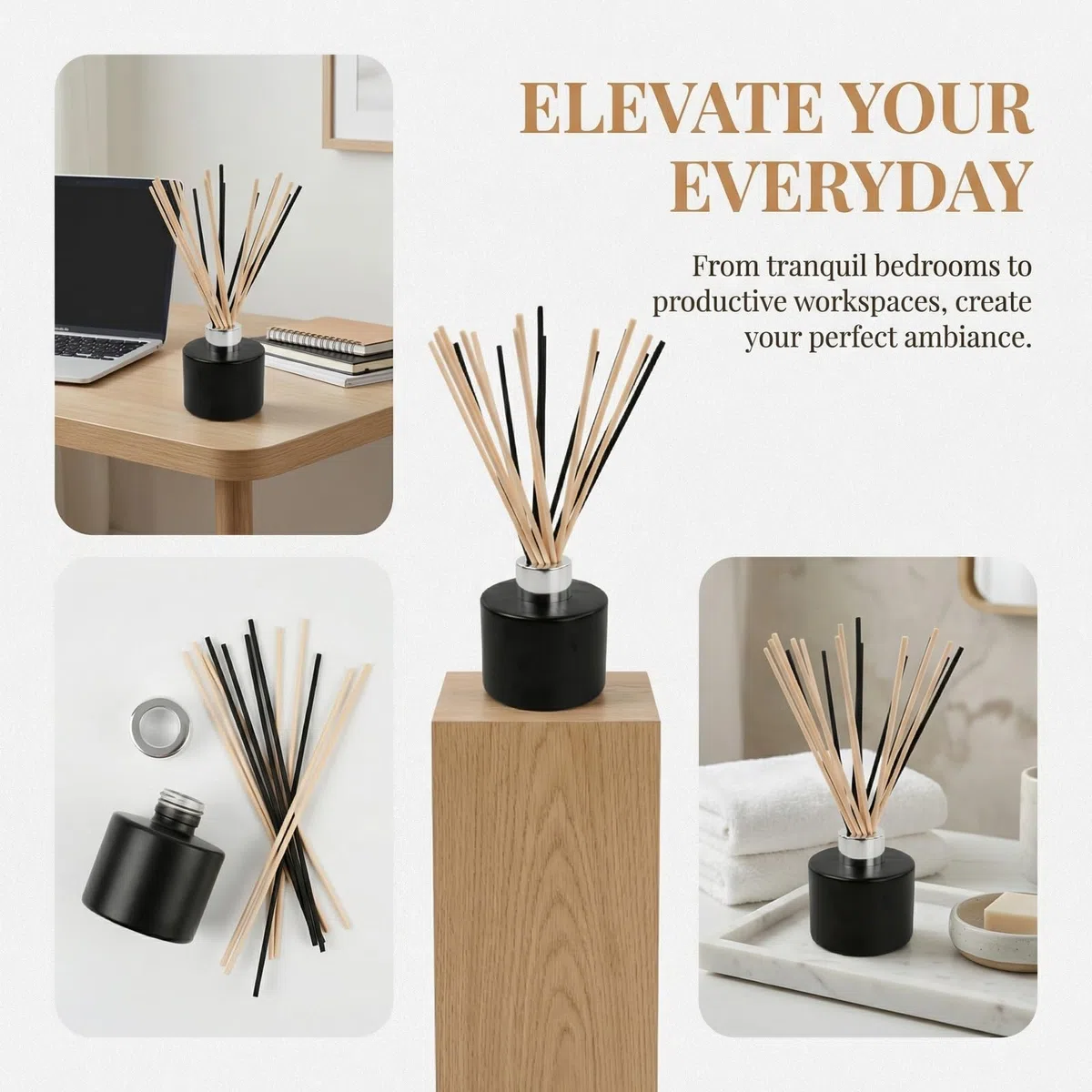 4 Pcs Botella Difusora de Vidrio, 120ML Frasco Difusor de Vidrio con 100 Varillas Ambientador Difusores de Aceites Esenciales para Hogar Baño Negro (Plata)