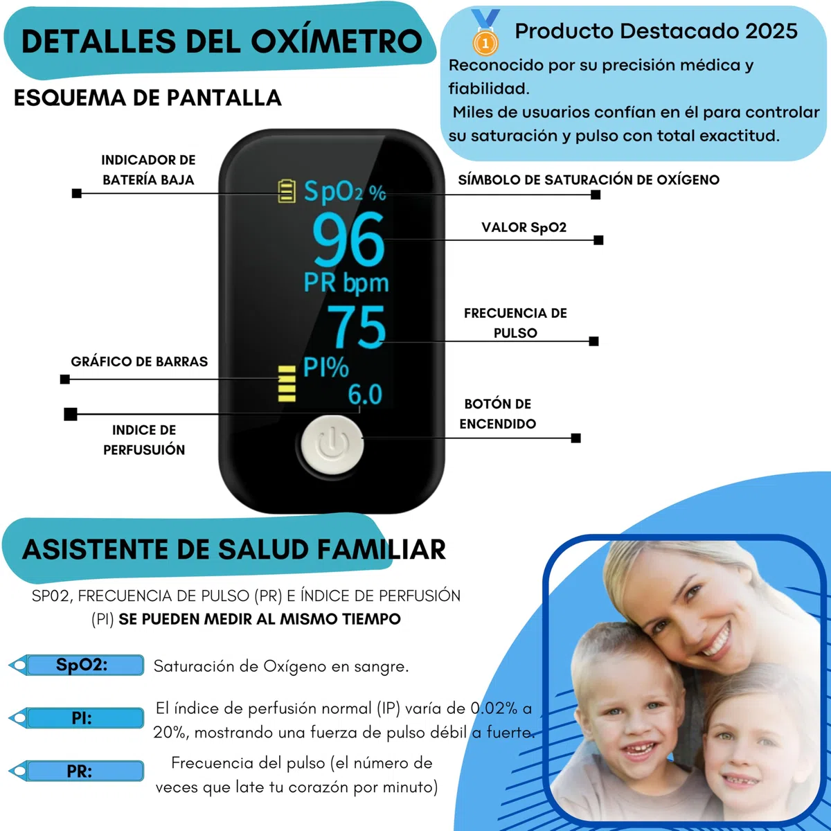 Oxímetro de Dedo Profesional, Pulsioxímetro Medidor preciso de la Saturación de Oxígeno en Sangre, Frecuencia Cardiaca. Oxímetro de Pulso para todas las Personas. Pantalla OLED. Incluye Pilas y Cordón