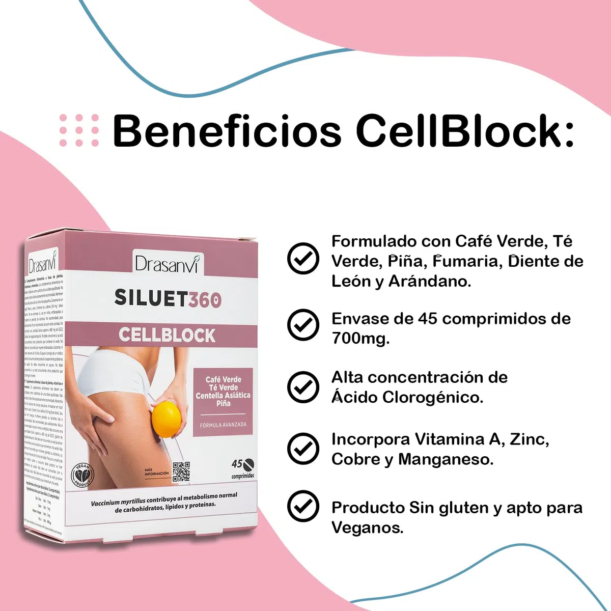 DRASANVI CELL BLOCK - Café Verde + Diente de León + Té Verde + Centella Asiática + Zinc - Ayuda a combatir la CELULITIS - VEGANO - SIN GLUTEN - 45 comprimidos
