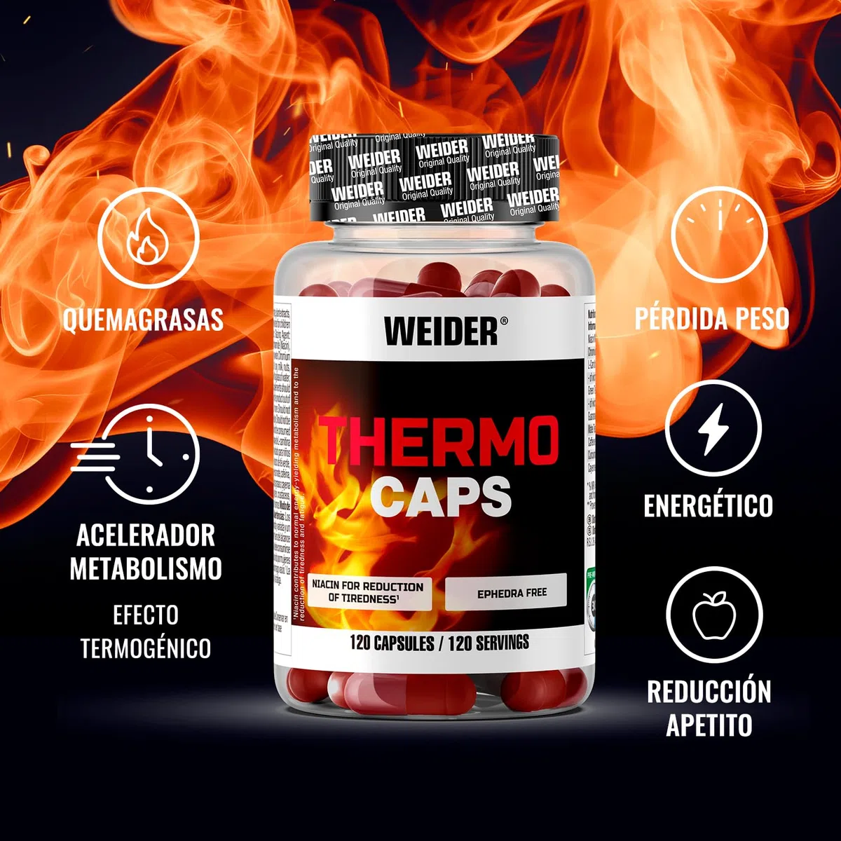 Weider Thermo Caps Disminuye el Apetito, Potente Fórmula Termogénica con Cafeína; Enriquecido con Cromo, Cúrcuma, L-Carnitina, 120 Capsulas