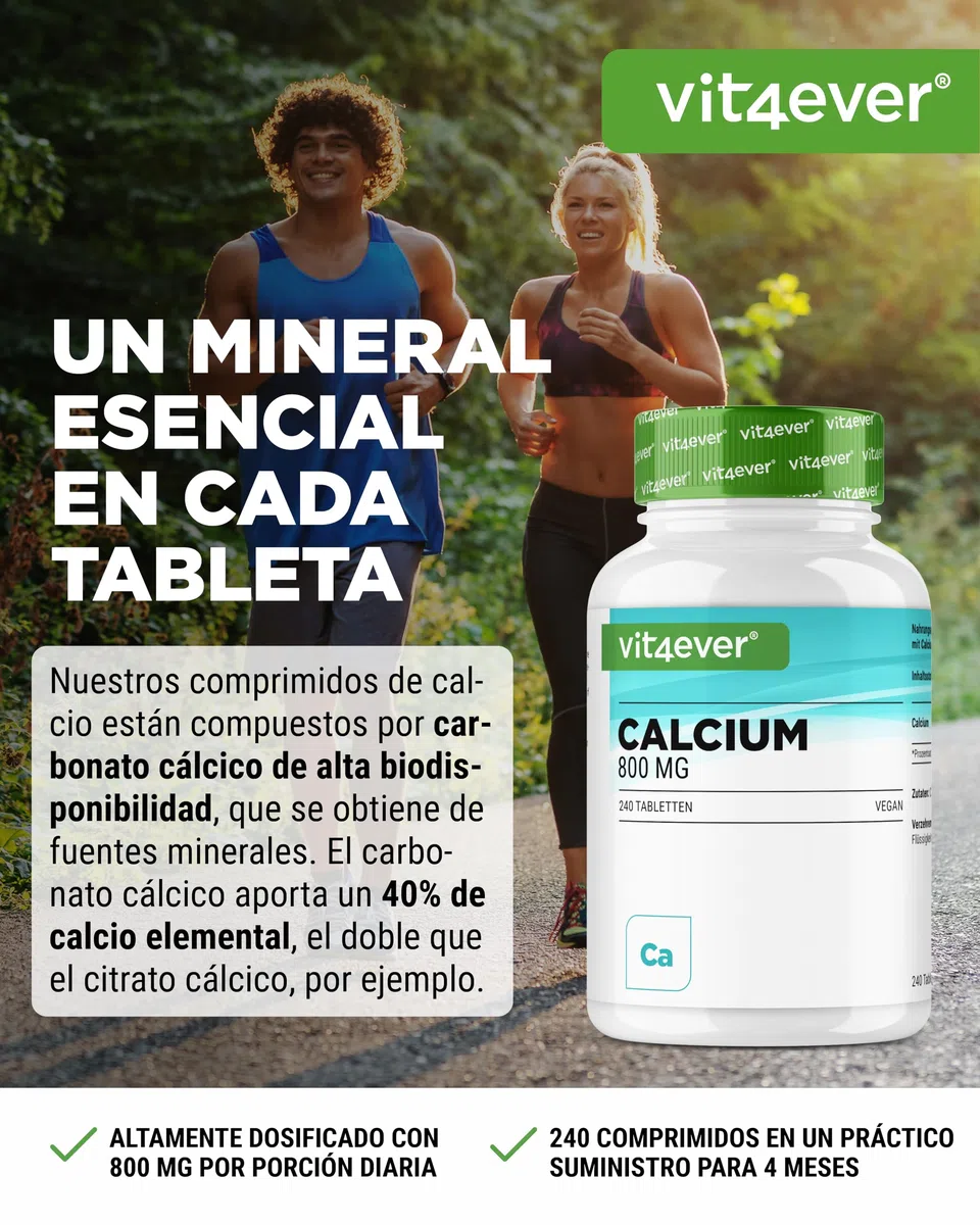 Calcio - 240 comprimidos - 800 mg de calcio procedente de carbonato cálcico por porción diaria - Para 4 meses - Vegano, de alta dosis y sin aditivos indeseables
