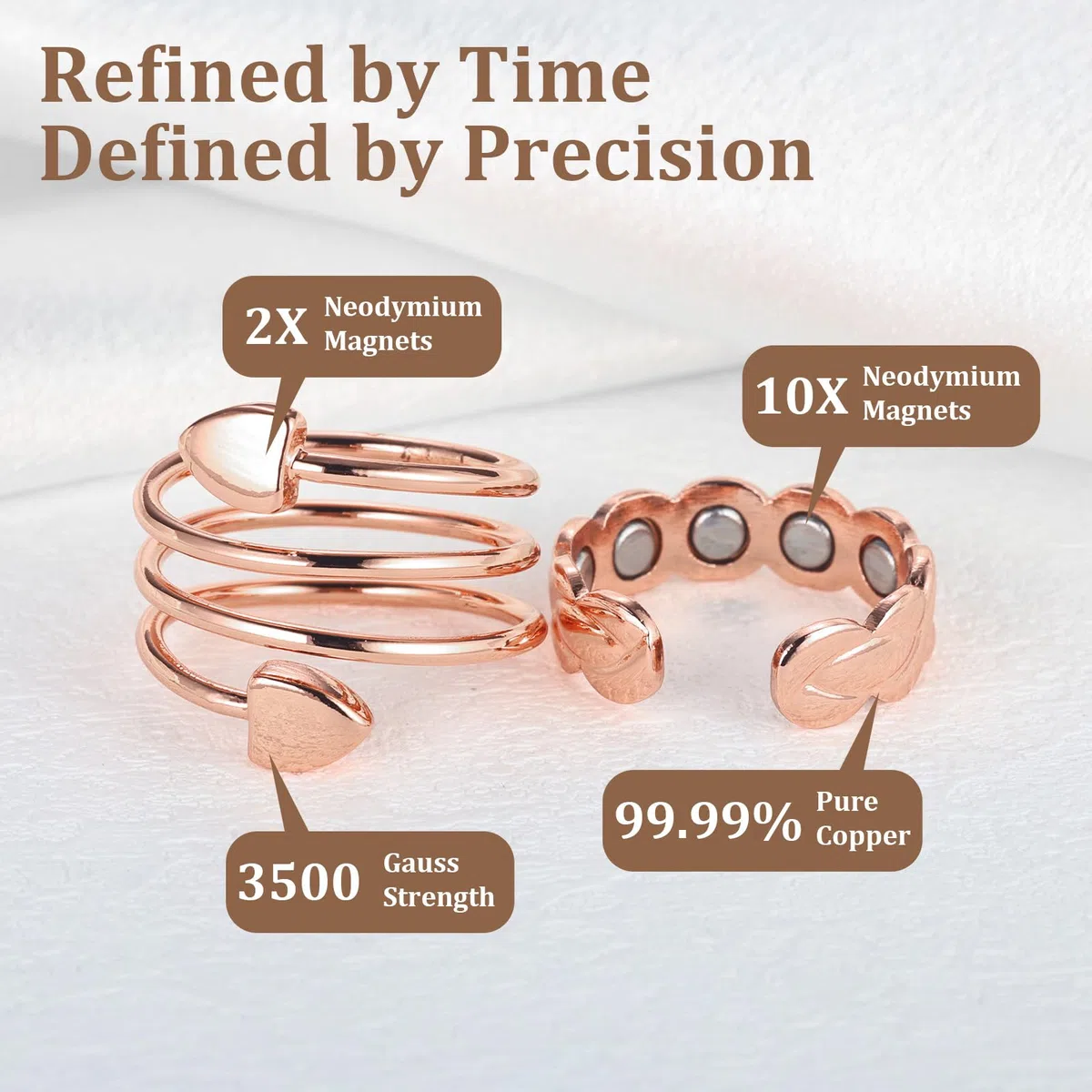 BioMag 2 anillos de cobre para drenaje linfático para mujer en diferentes diseños, anillo magnético de cobre puro con imán ultra fuerte 10X, joyería ajustable en caja de regalo