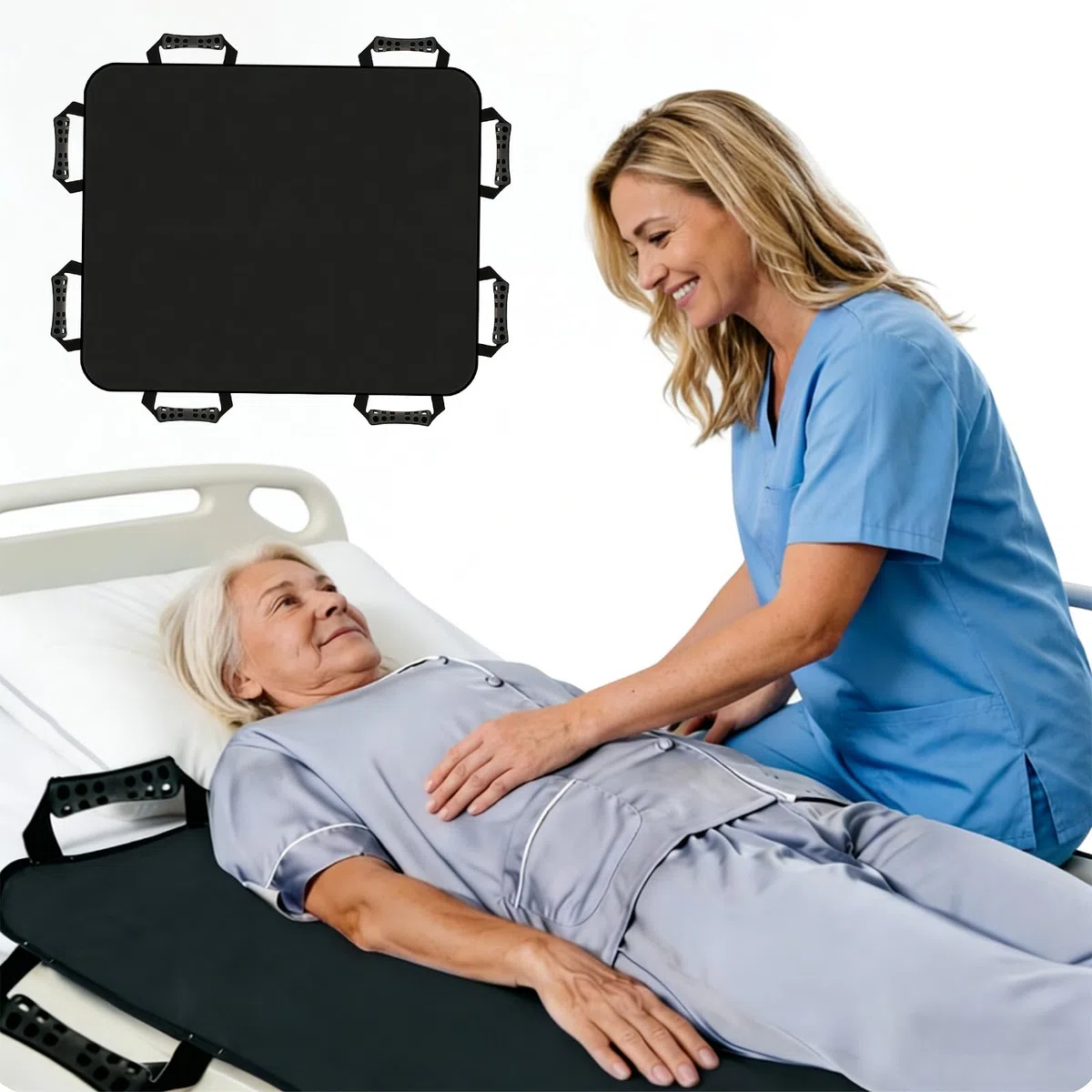 Tabla de transferencia para levantadores de pacientes – 100 x 120 cm paño deslizante para personas postradas en cama con 8 asas, para pacientes ancianos y postrados en cama, para personas mayores