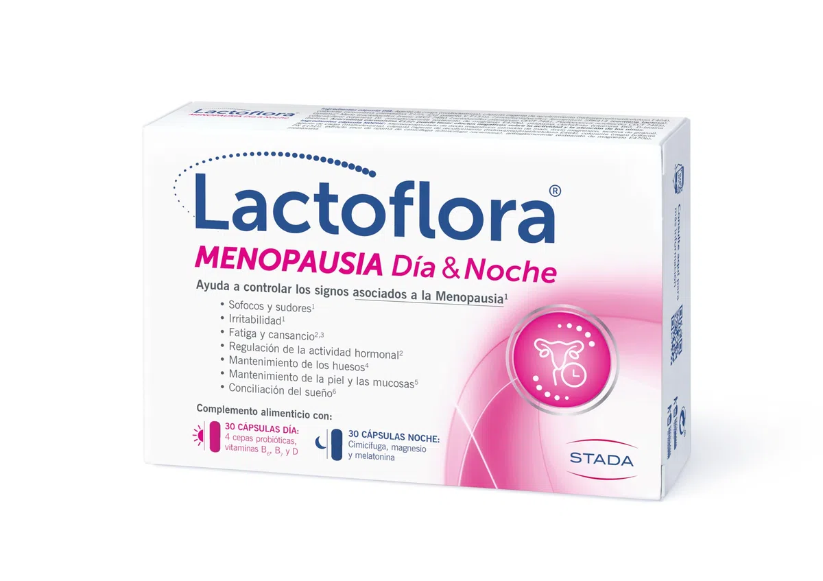 Lactoflora Menopausia Día y Noche, Control de sofocos y sueño, Fórmula con Cimicífuga, Probióticos y Melatonina para menopausia y perimenopausia, 60 cápsulas