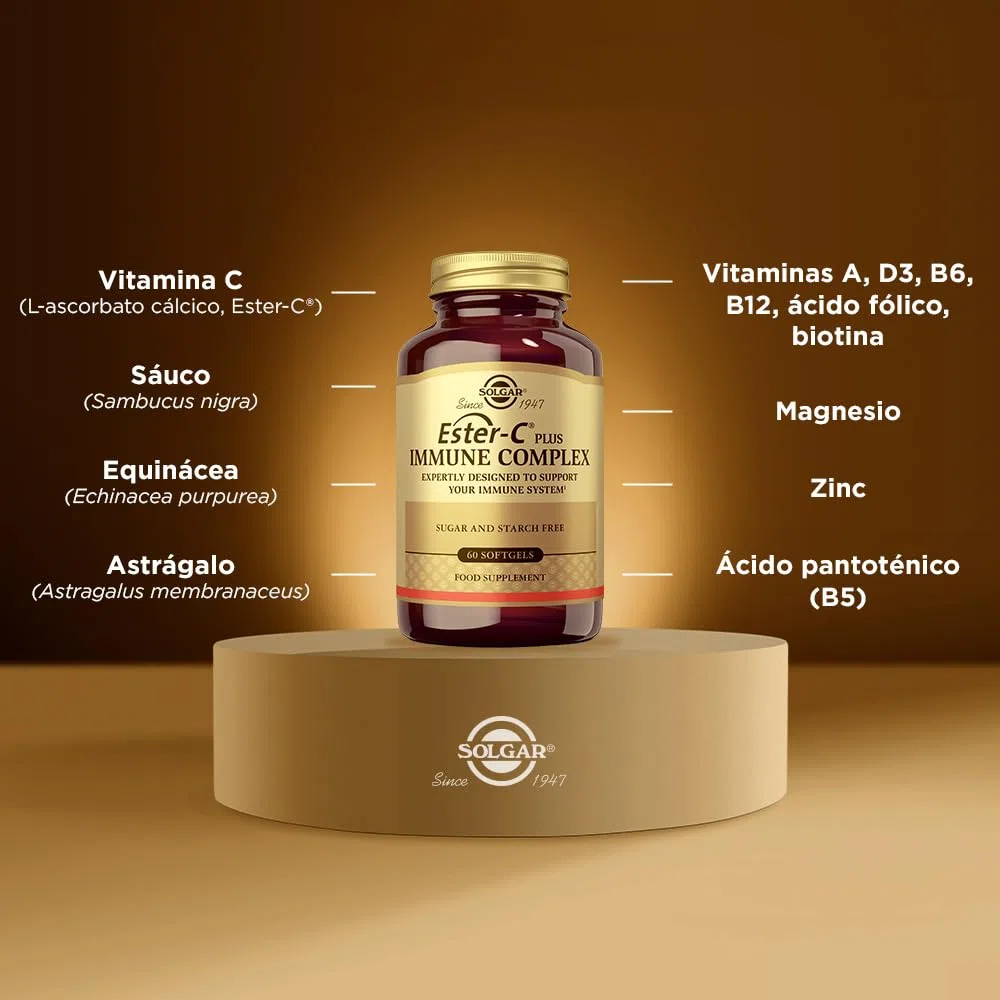 Solgar Ester-C Plus Complejo Inmune, Vitamina C Patentada con Saúco, Equinácea y Astrágalo, Refuerzo Inmunitario Avanzado con Vitaminas A, B6, B12, D3 y Zinc, 60 Cápsulas Blandas