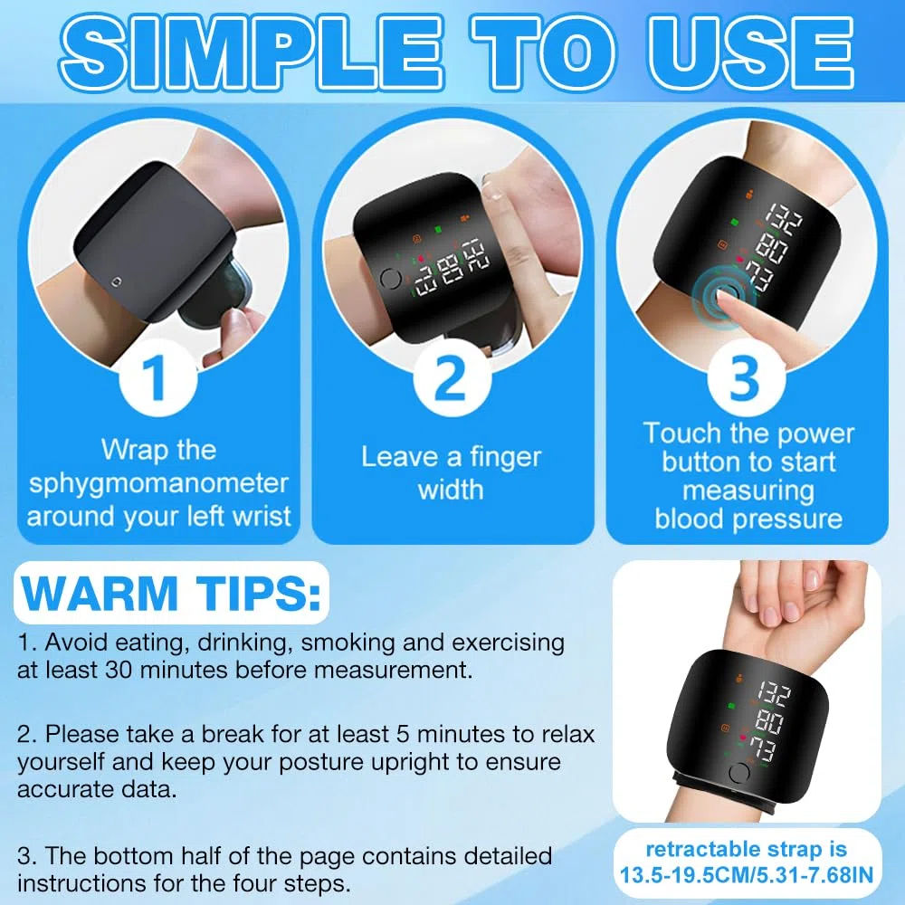 Tensiometro de Muñeca, Tensiómetro De Muñeca con Pantalla Táctil Led, Tensiómetro de Muñeca con Memoria de Lectura de 99x2 & Salida de Voz Automática, Recargable